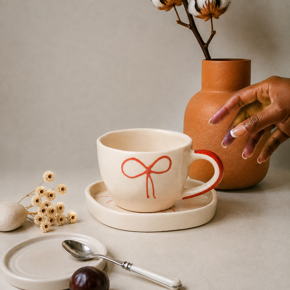 Cream Ceramic Cup & Saucer with Red Bow Design – Cute Aesthetic Tea & Coffee Mug Set