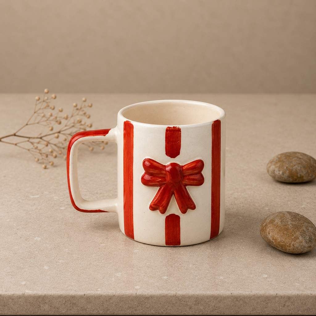 Ceramic Coffee Mug with Red Bow Design,
