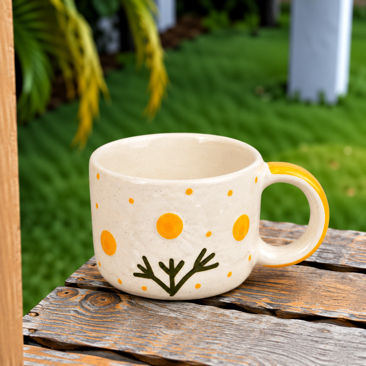 White Ceramic Sunflower Tea Cup & Saucer Set – Cute Floral Coffee Cup with Yellow Handle
