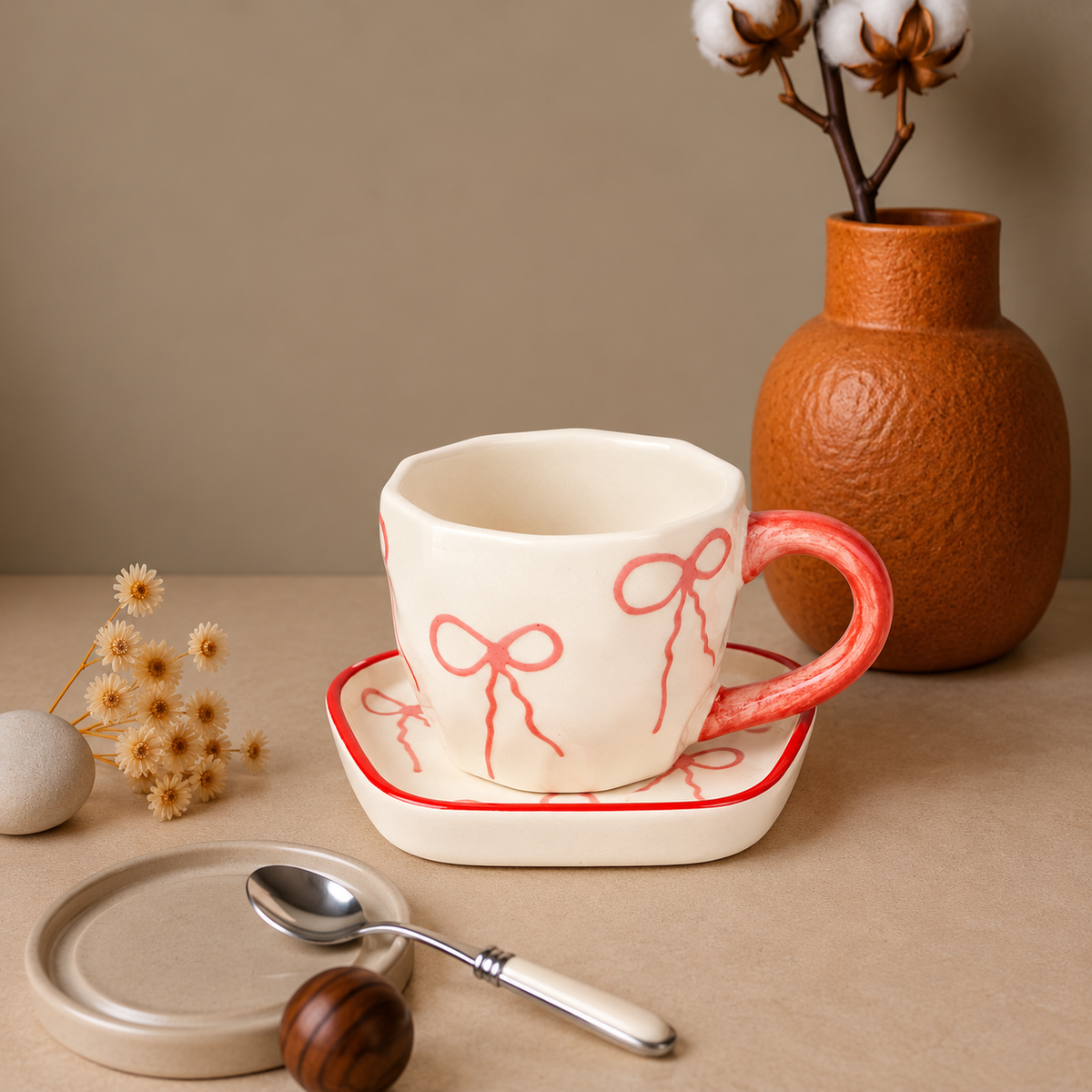 White Ceramic Bow Tea Cup & Saucer Set – Pink Hand-Painted Ribbon Coffee Cup