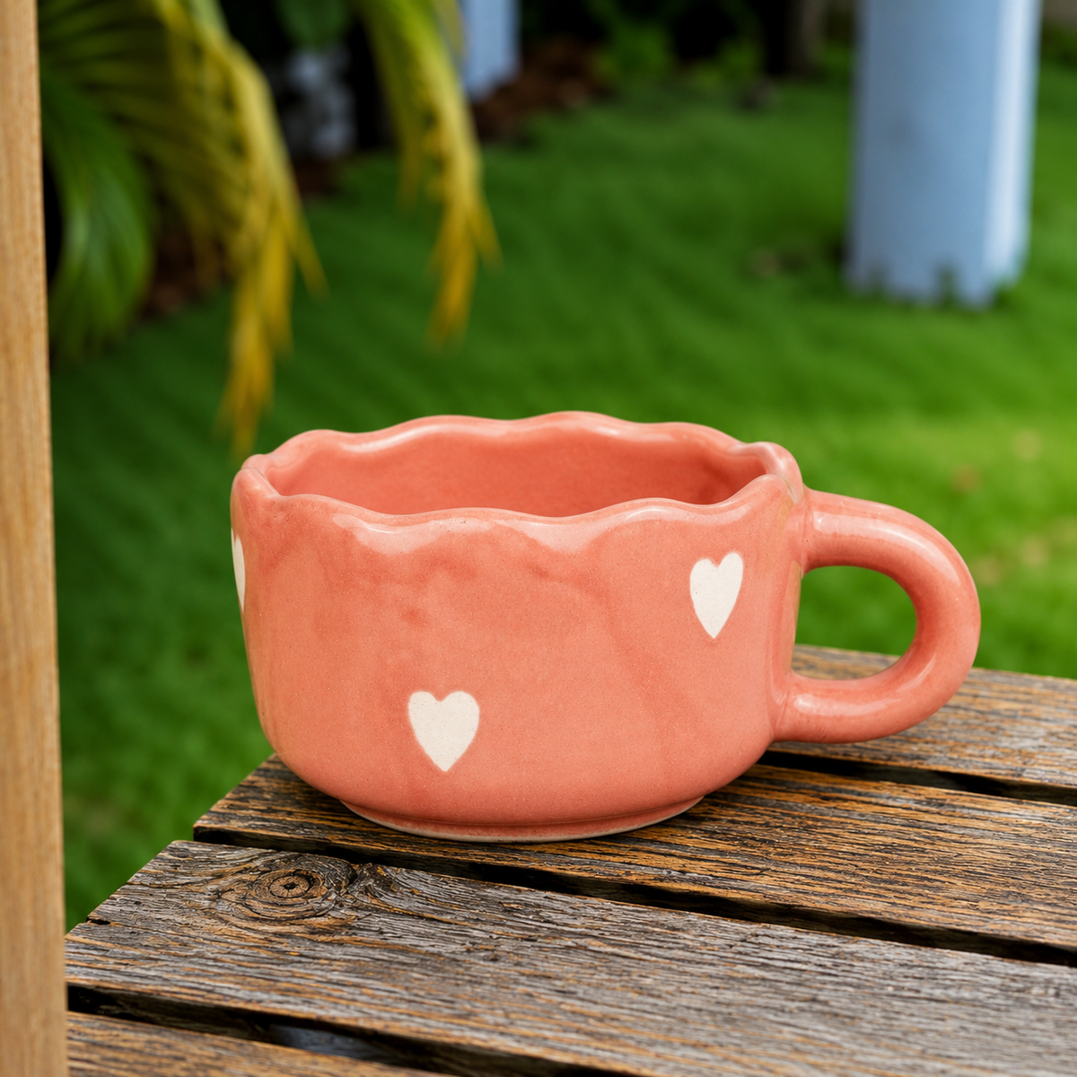 Coral Pink Ceramic Mug with White Heart Design – Cute Aesthetic Coffee Cup for Tea & Coffee