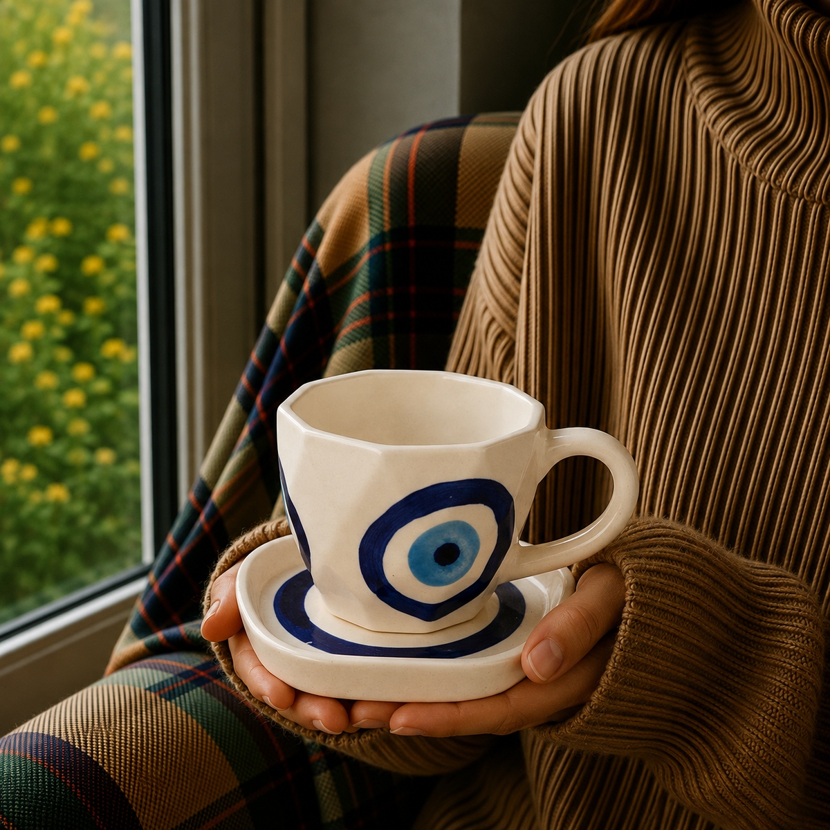 White Ceramic Cup & Saucer with Blue Evil Eye Design – Aesthetic Tea & Coffee Mug Set