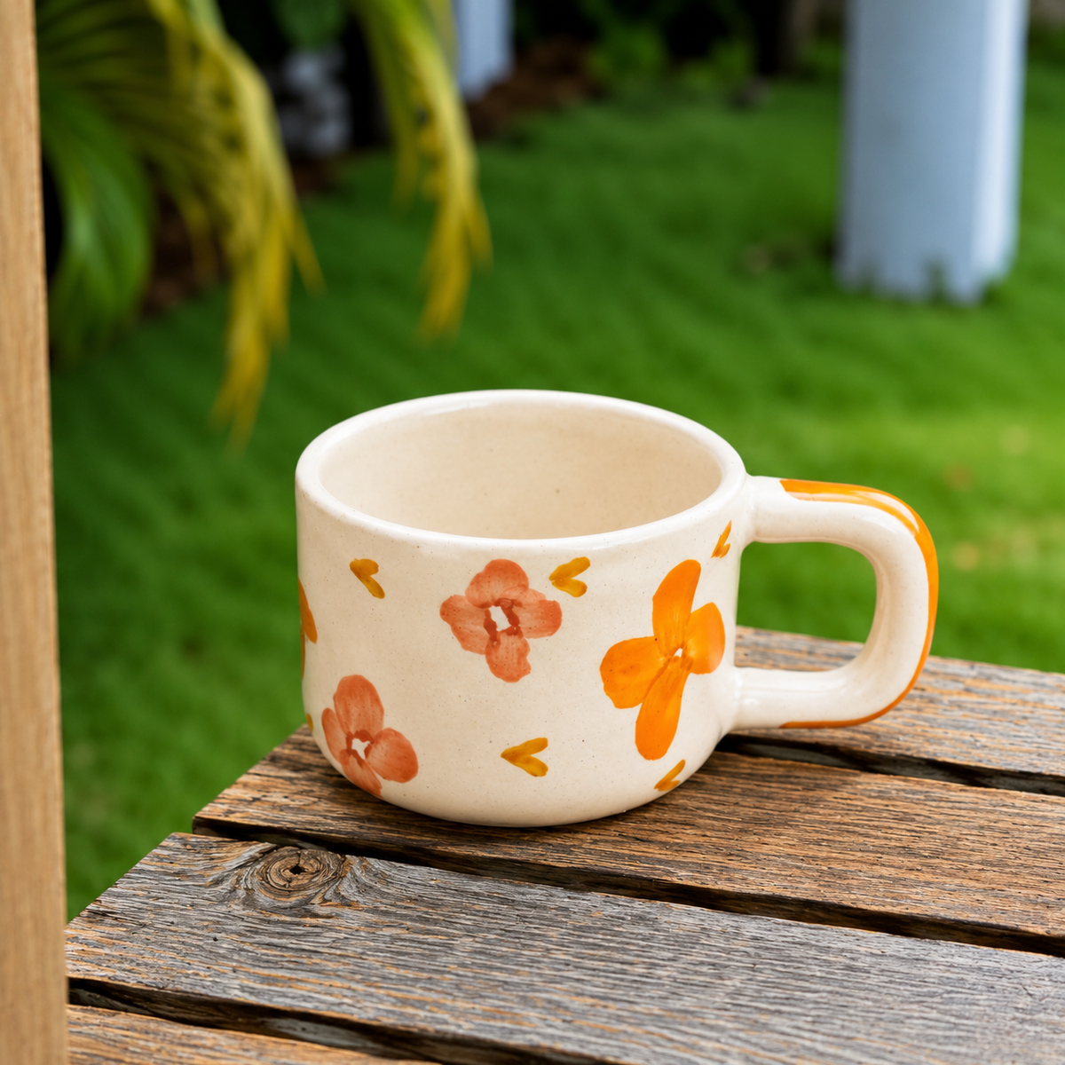 Cream Ceramic Mug with Orange Floral Design – Cute Aesthetic Coffee Cup for Tea & Coffee
