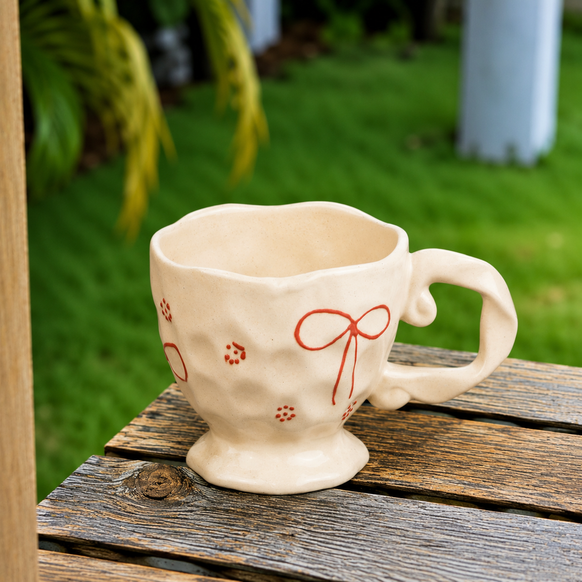 White Ceramic Bow Mug with Red Floral Details – Cute Aesthetic Coffee Cup for Tea & Coffee