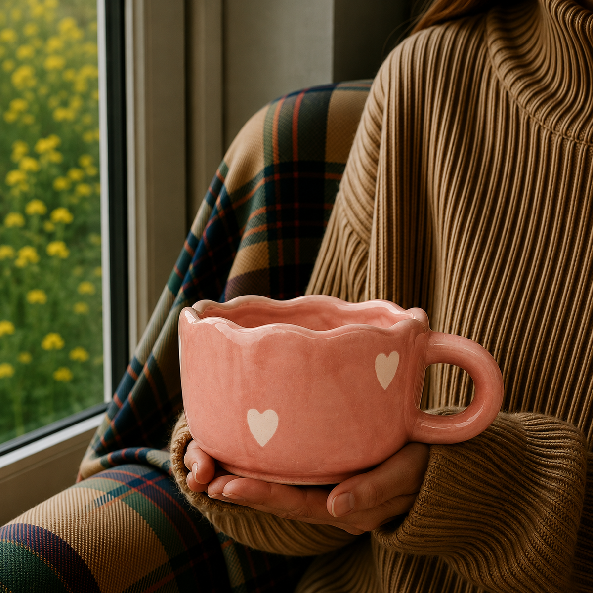 Coral Pink Ceramic Mug with White Heart Design – Cute Aesthetic Coffee Cup for Tea & Coffee