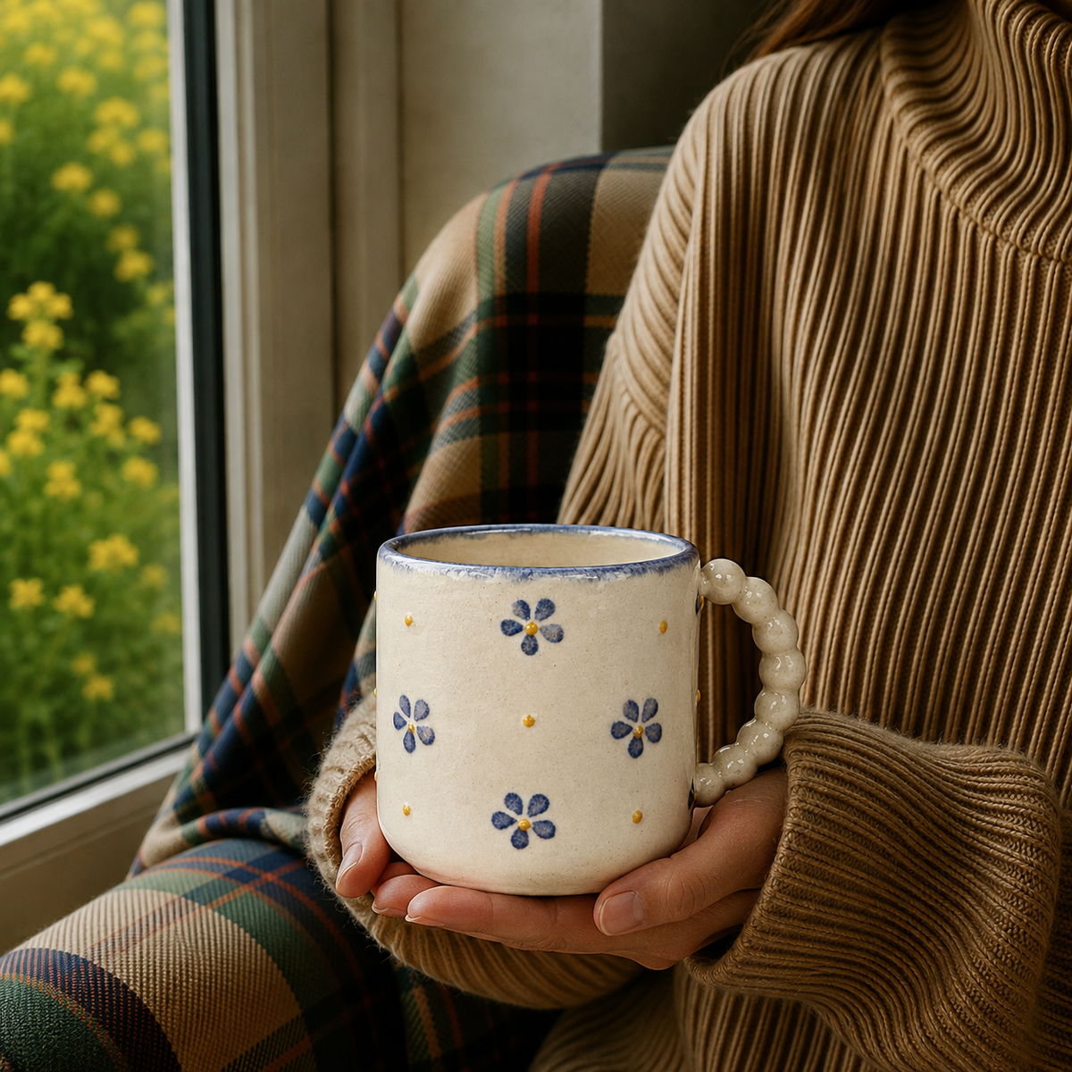 Cream Ceramic Mug with Blue Floral Design – Cute Aesthetic Coffee Cup with Textured Handle