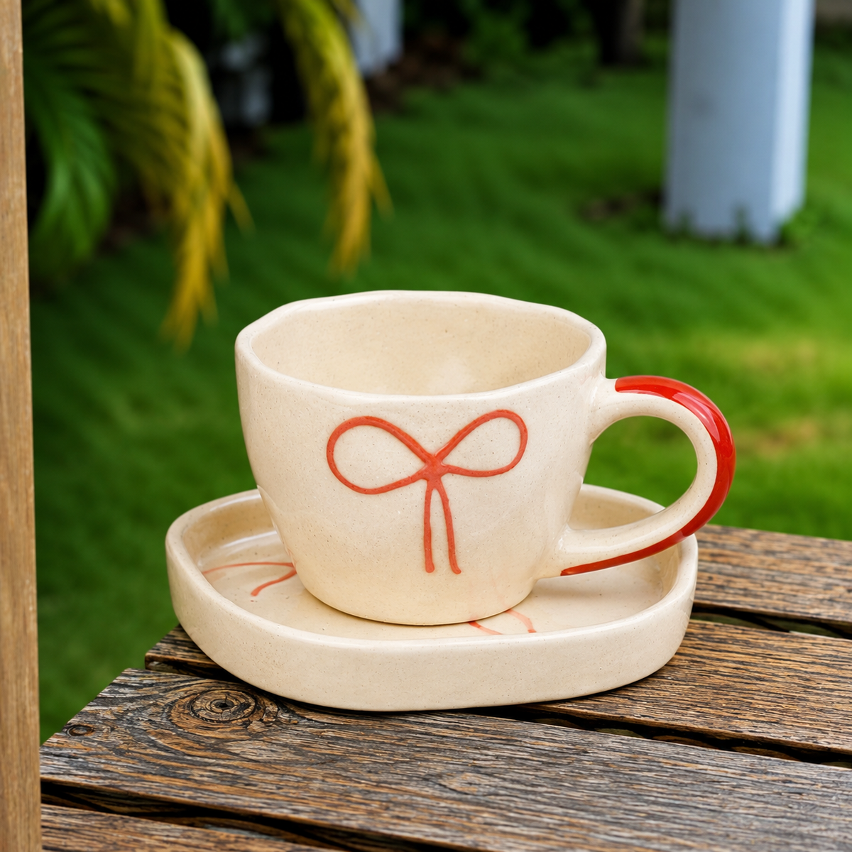 Cream Ceramic Cup & Saucer with Red Bow Design – Cute Aesthetic Tea & Coffee Mug Set