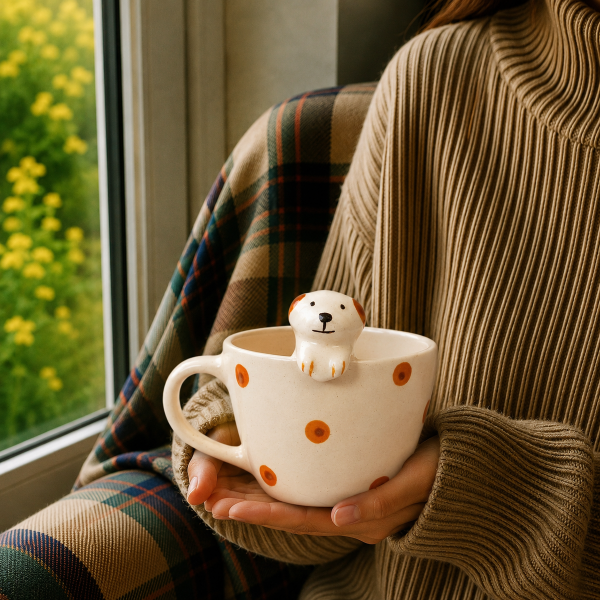 Cute Puppy Ceramic Mug with Orange Polka Dots – Adorable Animal Coffee Cup for Tea & Beverages