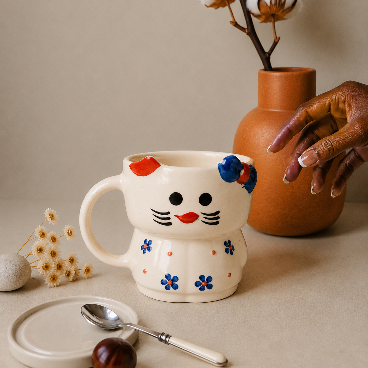 Cute Cat Ceramic Mug with Floral Design – Adorable Aesthetic Coffee Cup for Tea & Coffee