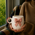 White Ceramic Mug with 3D Pink Bow Design – Cute Aesthetic Coffee Cup for Tea & Coffee