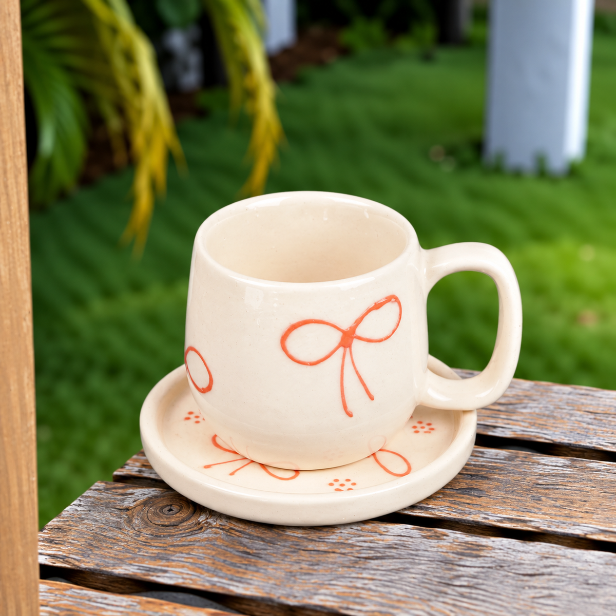 White Ceramic Bow Mug with Saucer – Cute Ribbon Design Coffee & Tea Cup