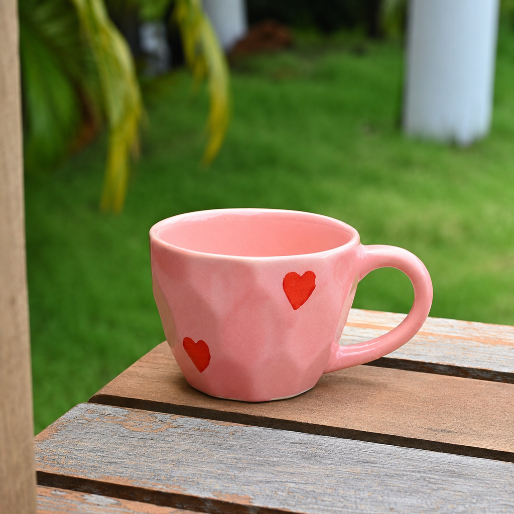 Pink Ceramic Coffee Mug with Red Heart Design