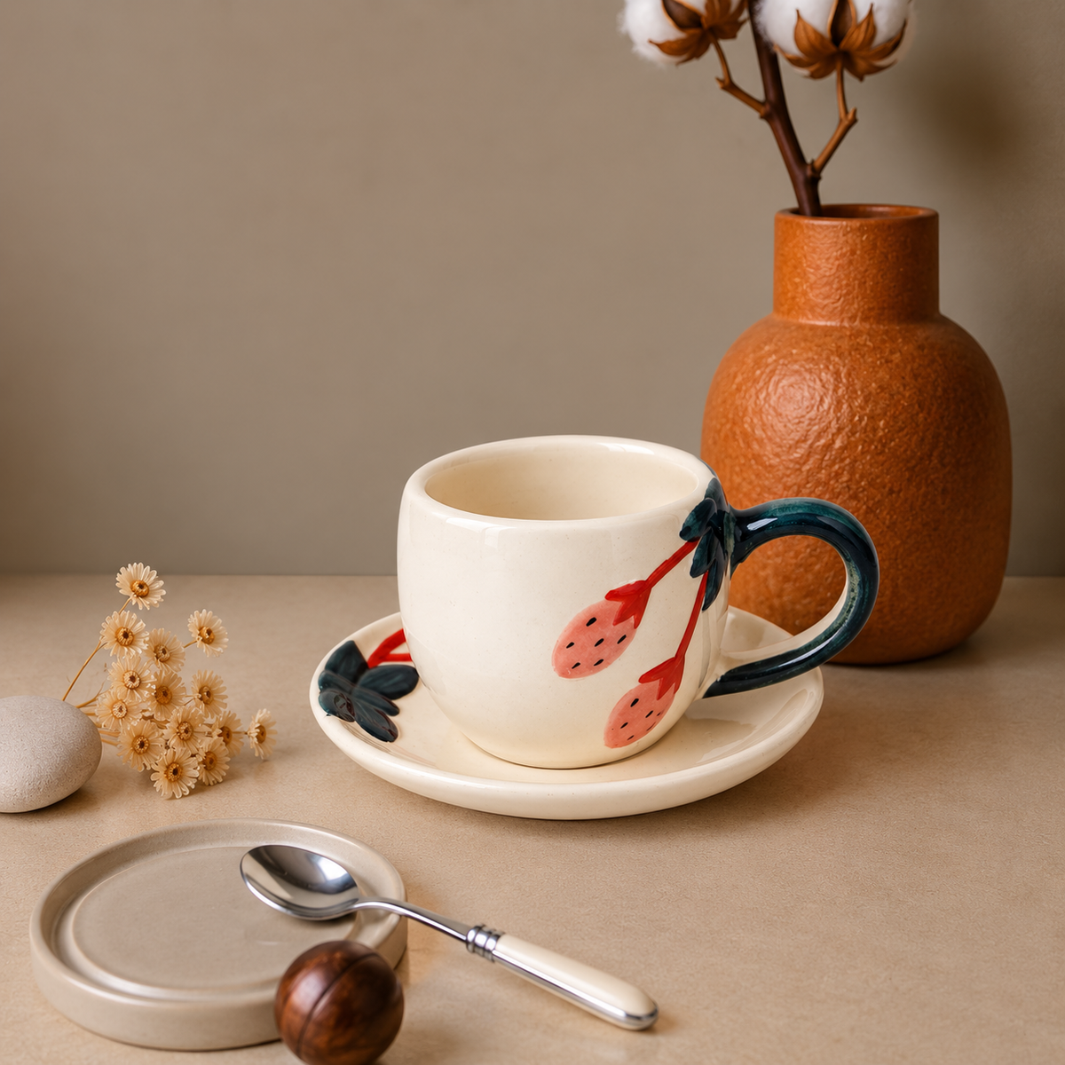 White Ceramic Strawberry Tea Cup & Saucer Set – Hand-Painted Fruit Design Coffee Cup