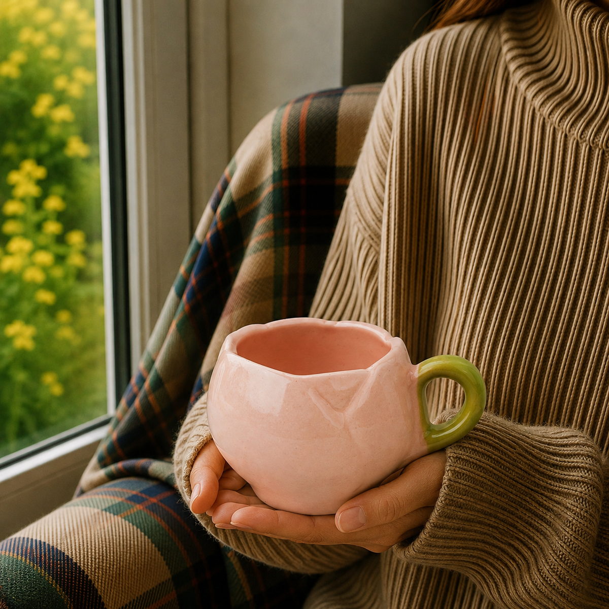Pastel Pink & Green Ceramic Tea Cup with Saucer – Cute Aesthetic Coffee Mug Set for Home & Office