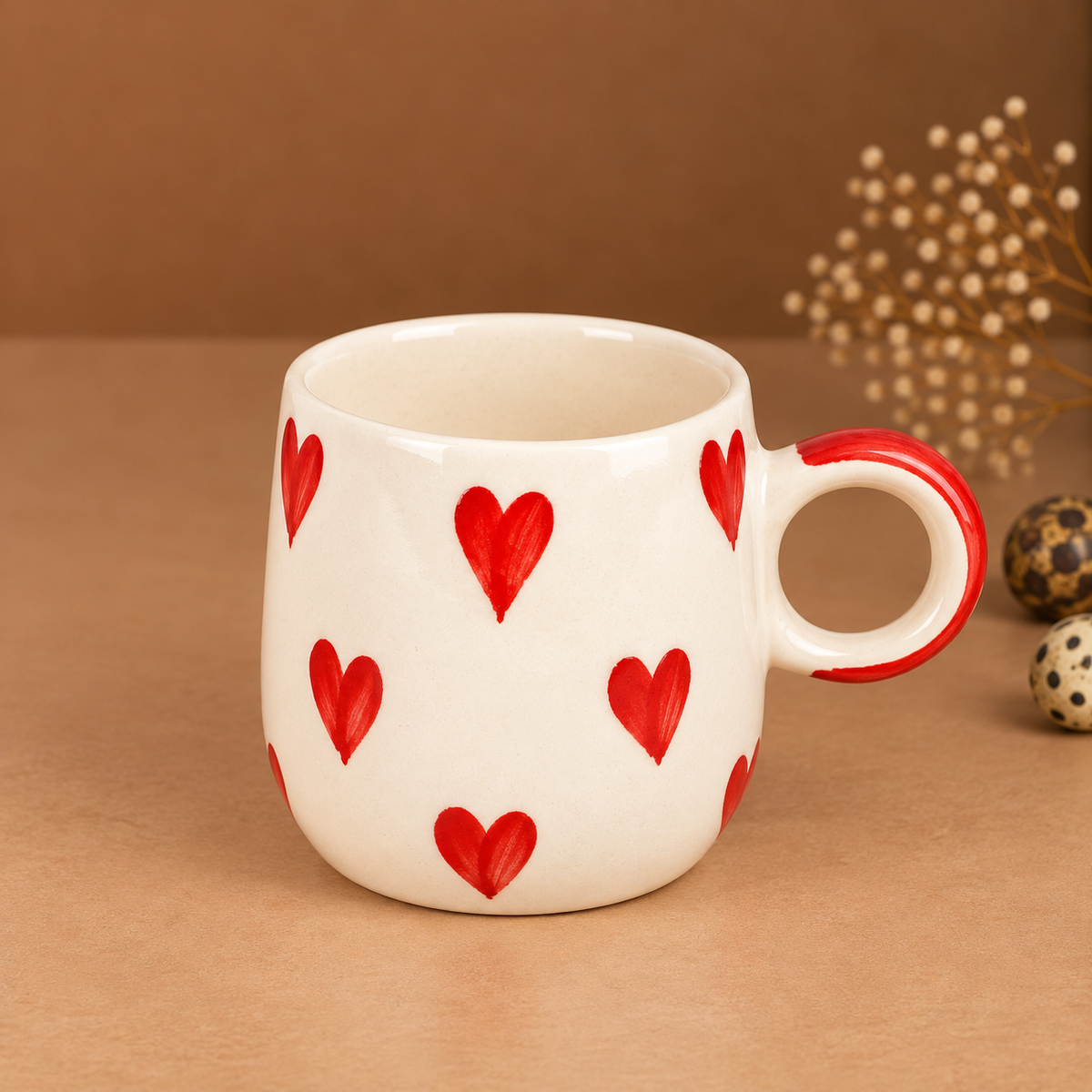 White Ceramic Heart Mug – Hand-Painted Red Heart Print Coffee & Tea Cup