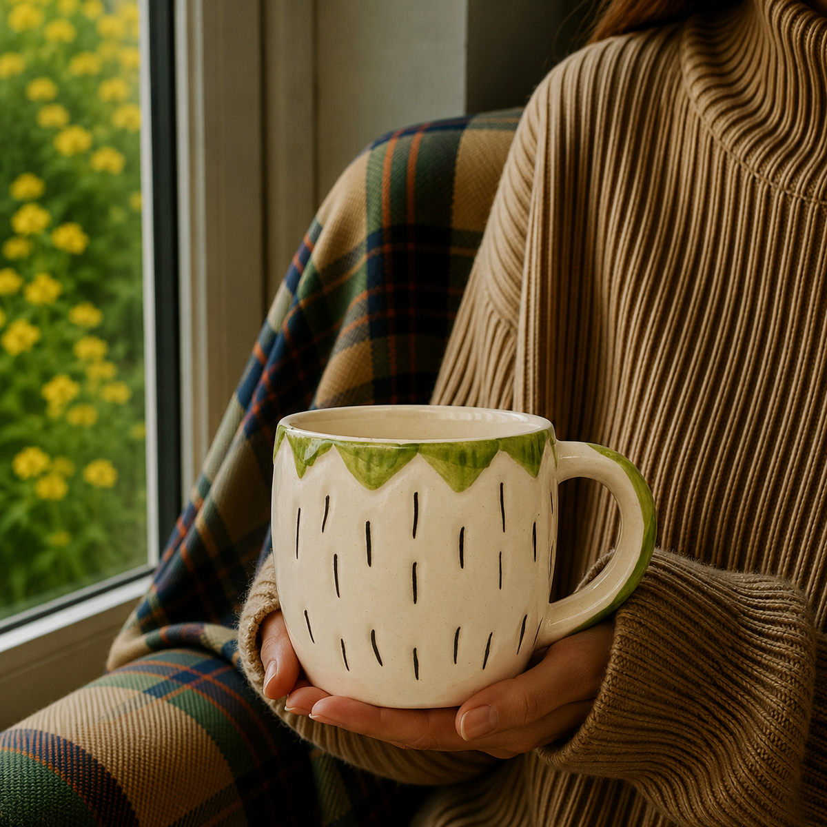 White & Green Ceramic Mug with Hand-Painted Leaf Design – Cute Aesthetic Coffee Cup for Tea & Home