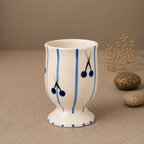 Ceramic Drinking Cup with Blue Cherry & Stripe Design