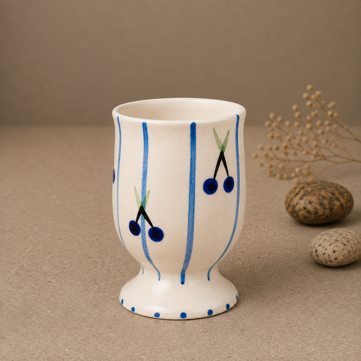 Ceramic Drinking Cup with Blue Cherry & Stripe Design