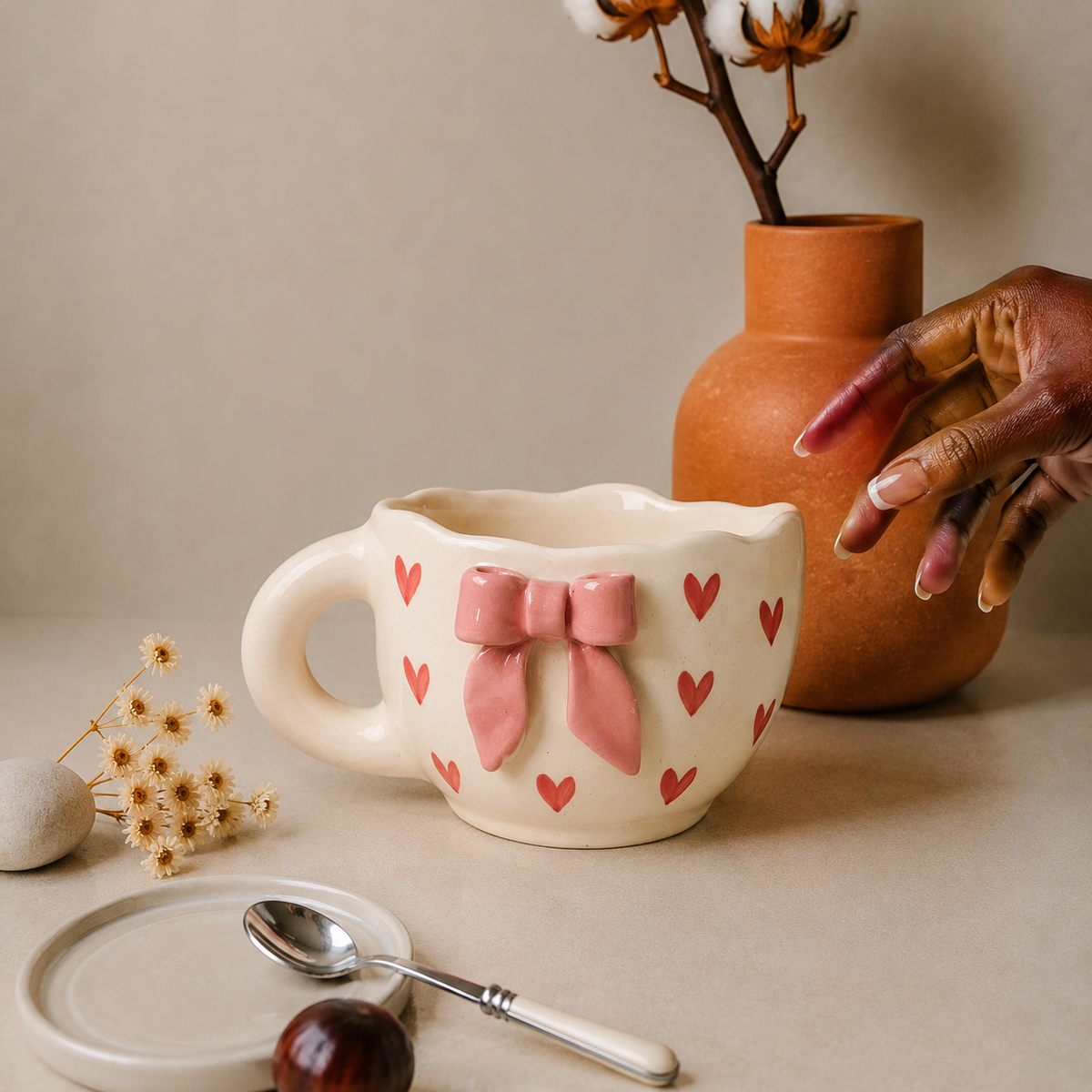 White Ceramic Heart Mug with 3D Pink Bow – Cute Aesthetic Coffee Cup for Tea & Coffee