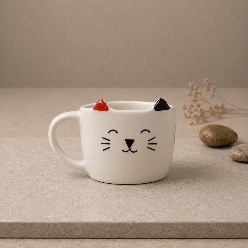 Cat Ceramic Coffee Mug with Cat Face & Ear Design, Adorable White Tea Cup