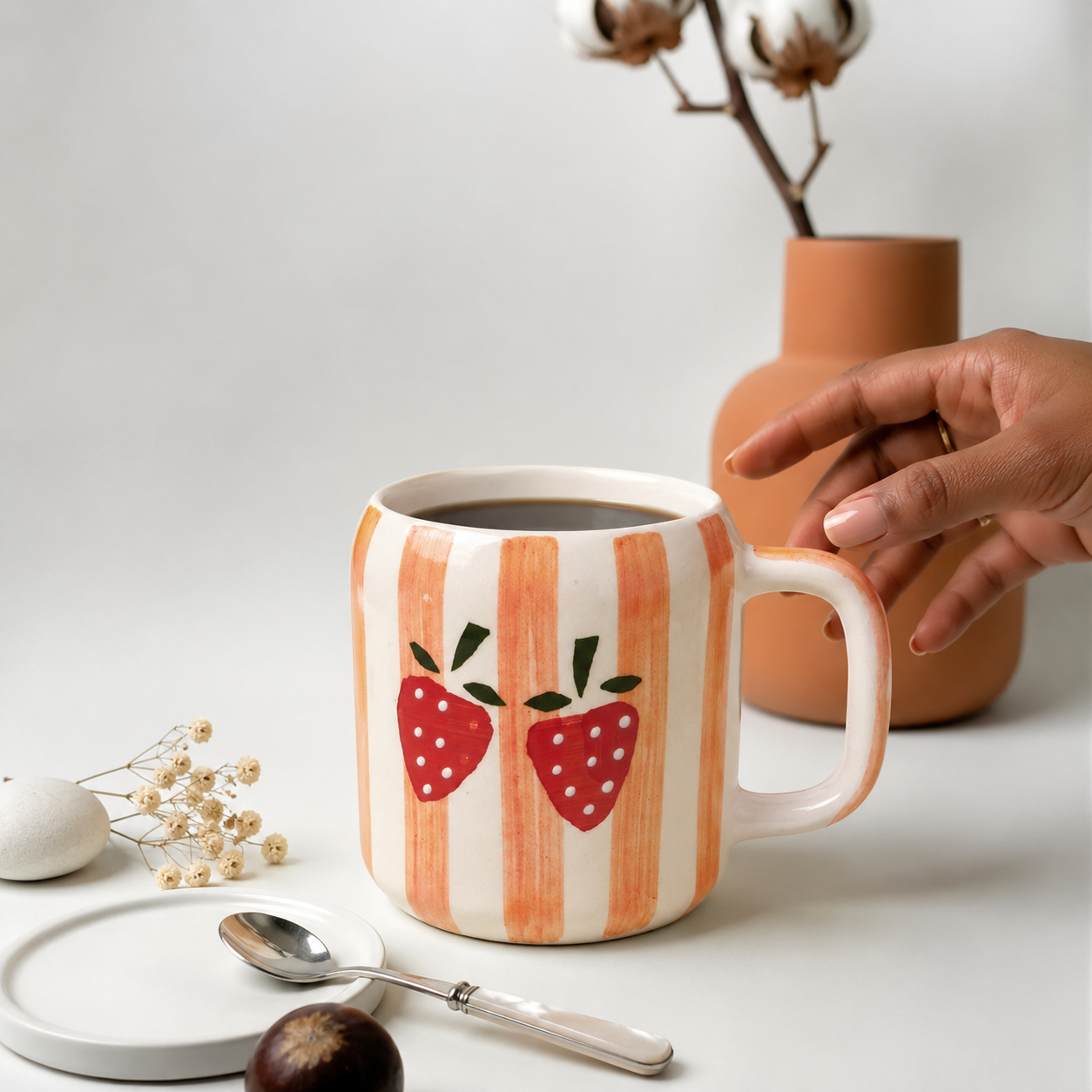 White Ceramic Coffee Mug with Strawberry Hand Painted Design