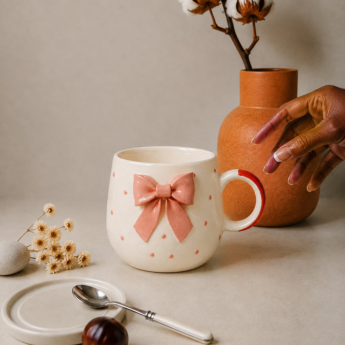 White Ceramic Mug with 3D Pink Bow Design – Cute Aesthetic Coffee Cup for Tea & Coffee
