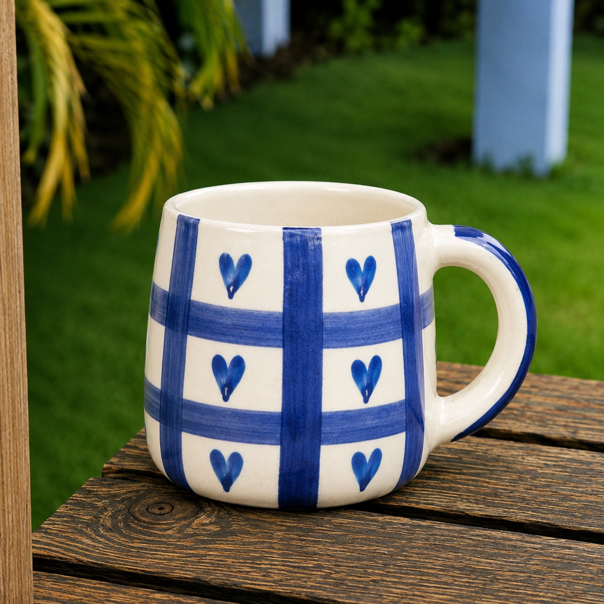 White & Blue Ceramic Mug with Heart Grid Design – Cute Aesthetic Coffee Cup for Tea & Coffee