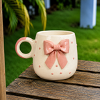 White Ceramic Mug with 3D Pink Bow Design – Cute Aesthetic Coffee Cup for Tea & Coffee