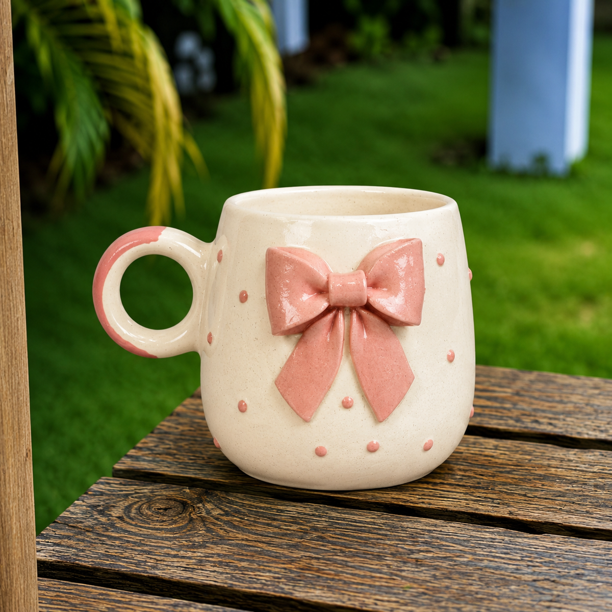 White Ceramic Mug with 3D Pink Bow Design – Cute Aesthetic Coffee Cup for Tea & Coffee