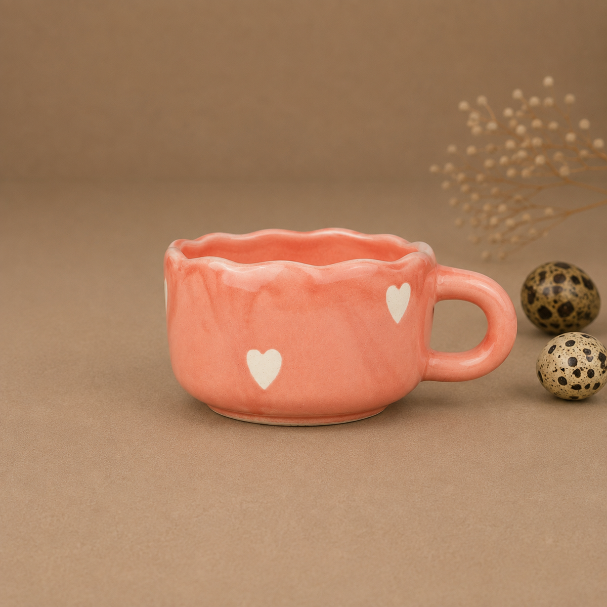 Coral Pink Ceramic Mug with White Heart Design – Cute Aesthetic Coffee Cup for Tea & Coffee