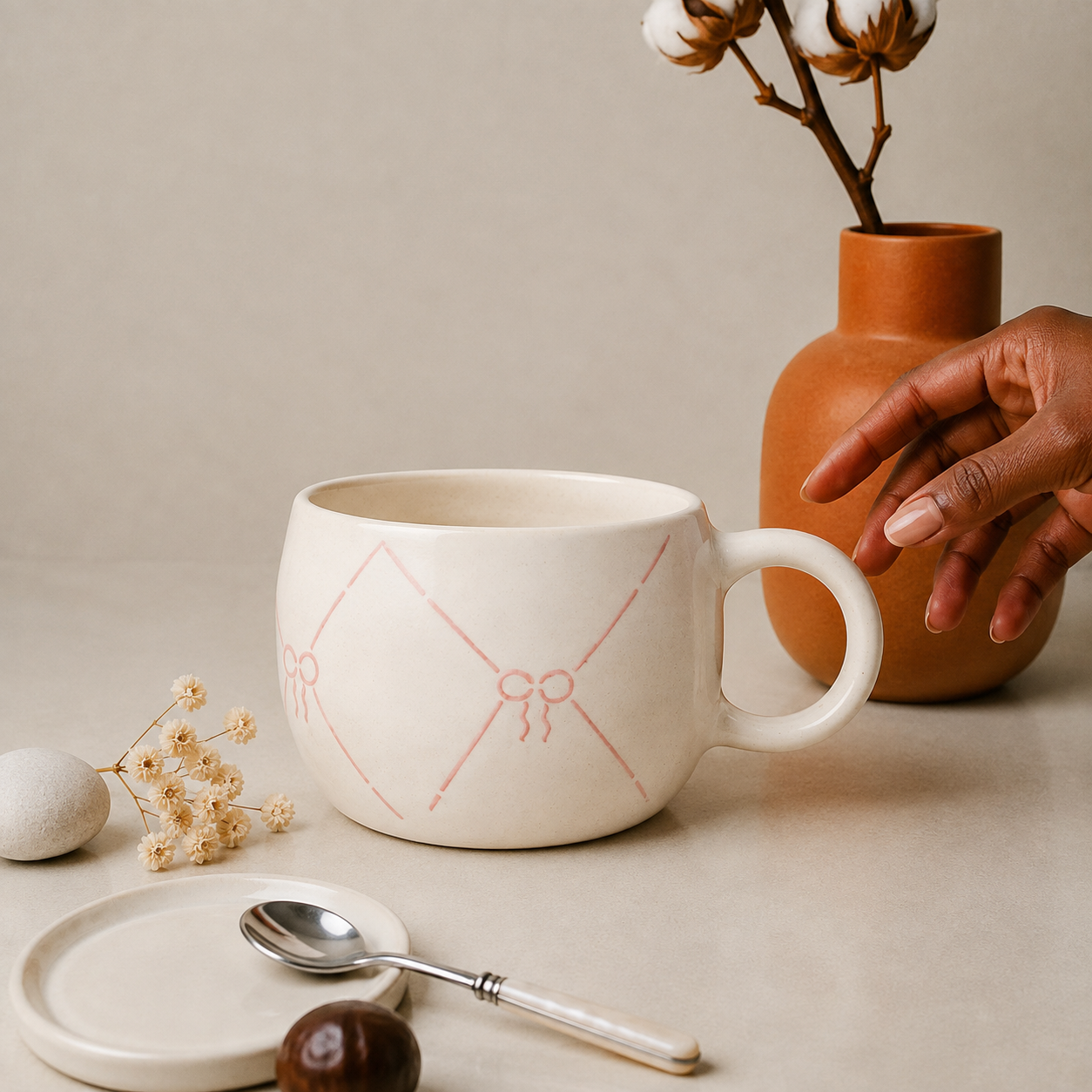 Ceramic Coffee Mug with Bow Ribbon Design