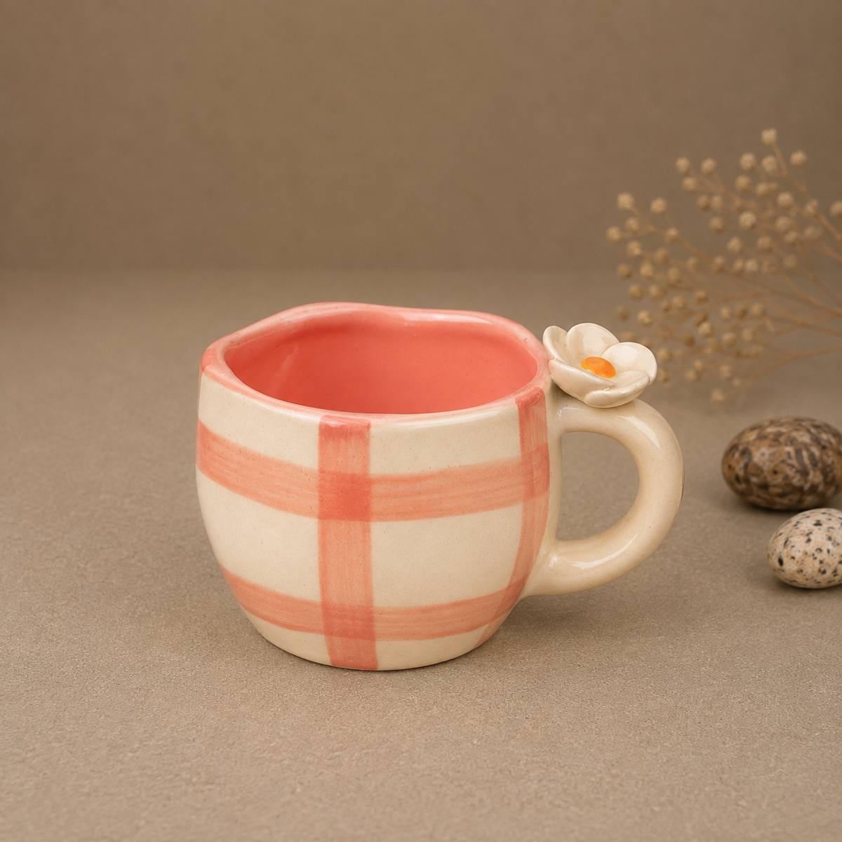Peach & Cream Ceramic Mug with Flower Handle – Cute Aesthetic Coffee Cup for Tea & Home