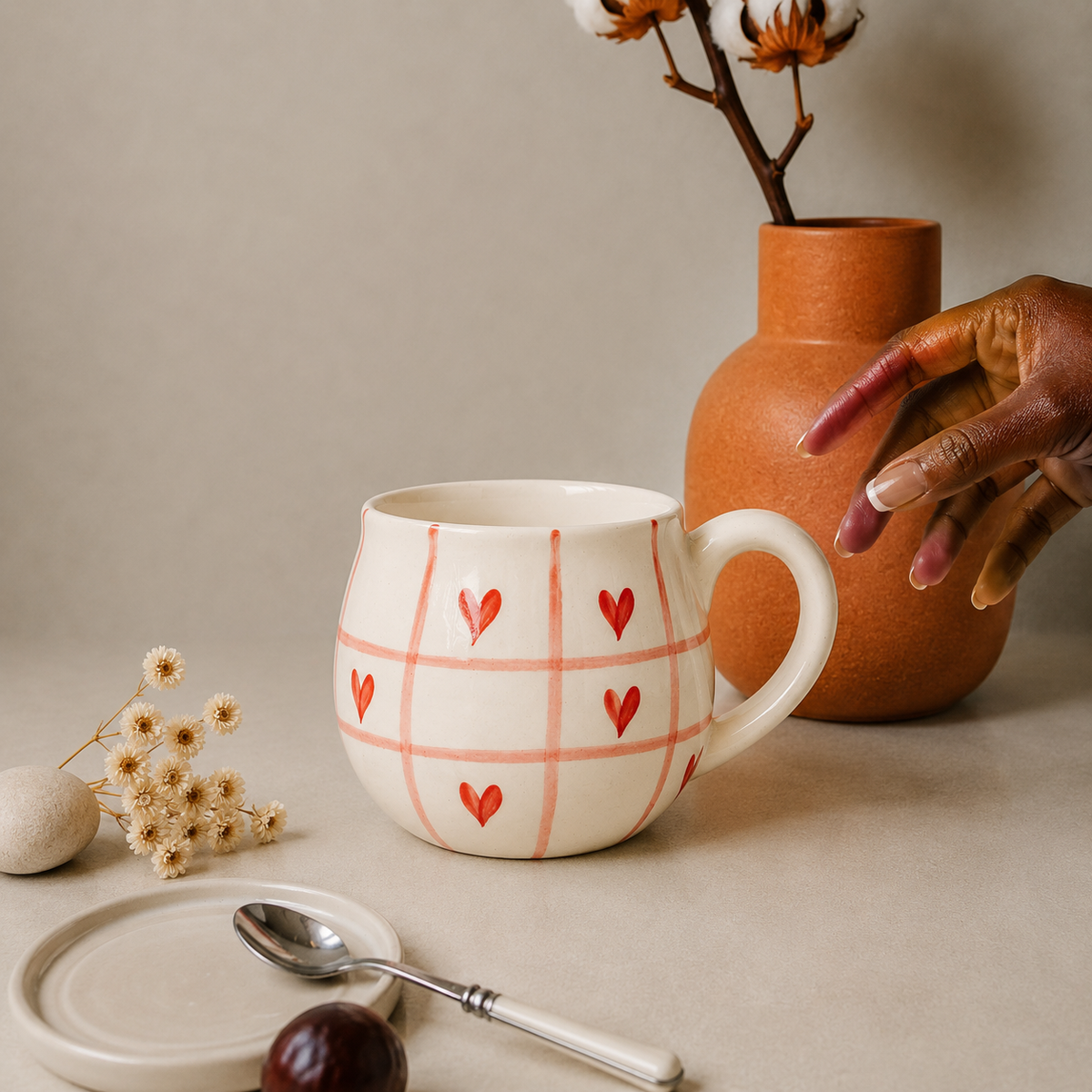 White Ceramic Heart Print Mug – Cute Pink Grid Design Coffee & Tea Cup