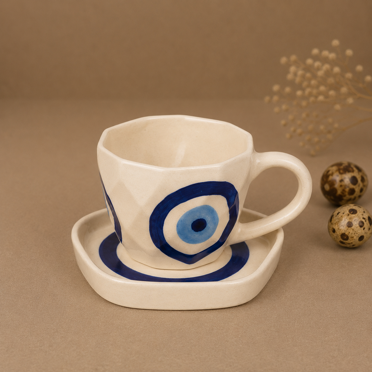 White Ceramic Cup & Saucer with Blue Evil Eye Design – Aesthetic Tea & Coffee Mug Set
