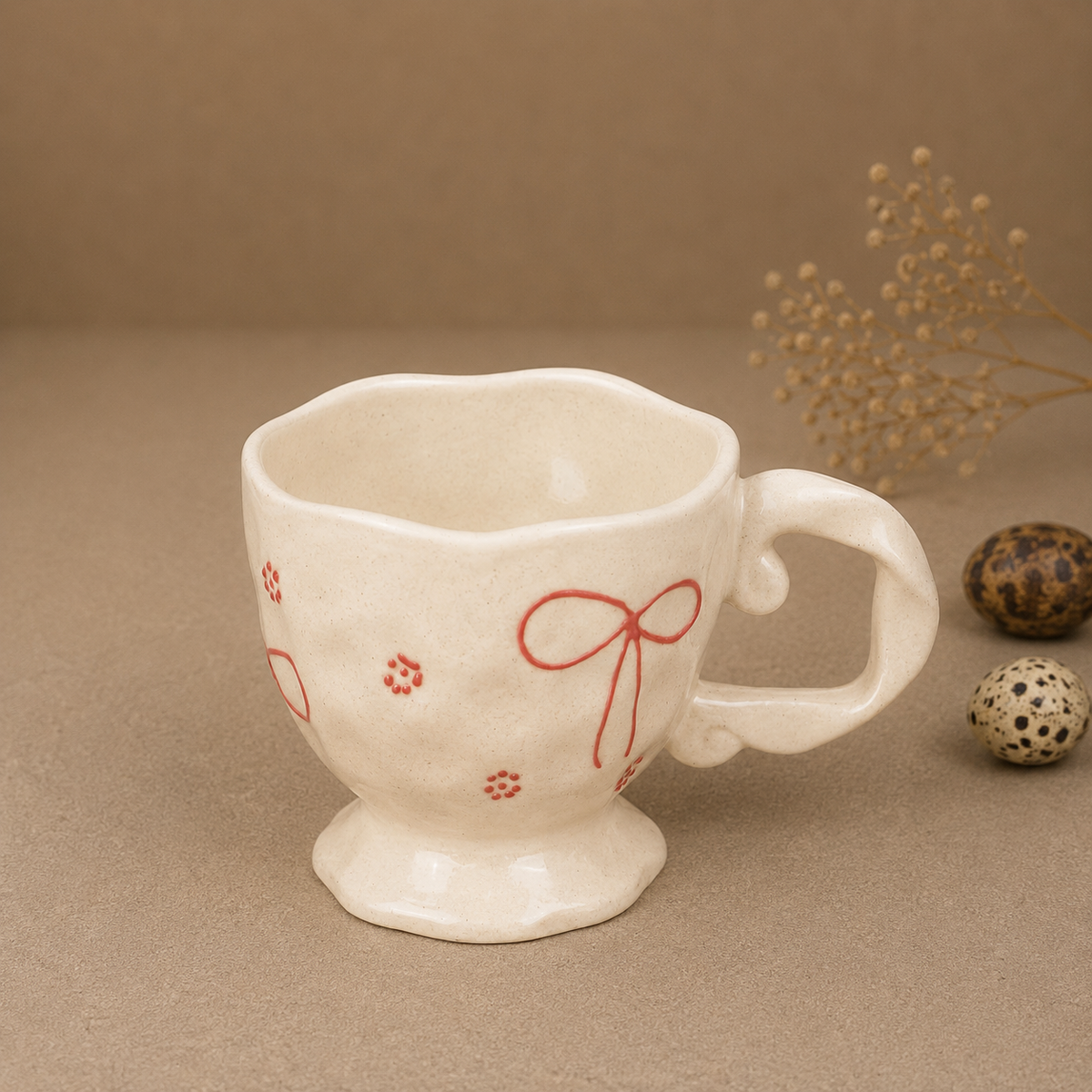 White Ceramic Bow Mug with Red Floral Details – Cute Aesthetic Coffee Cup for Tea & Coffee