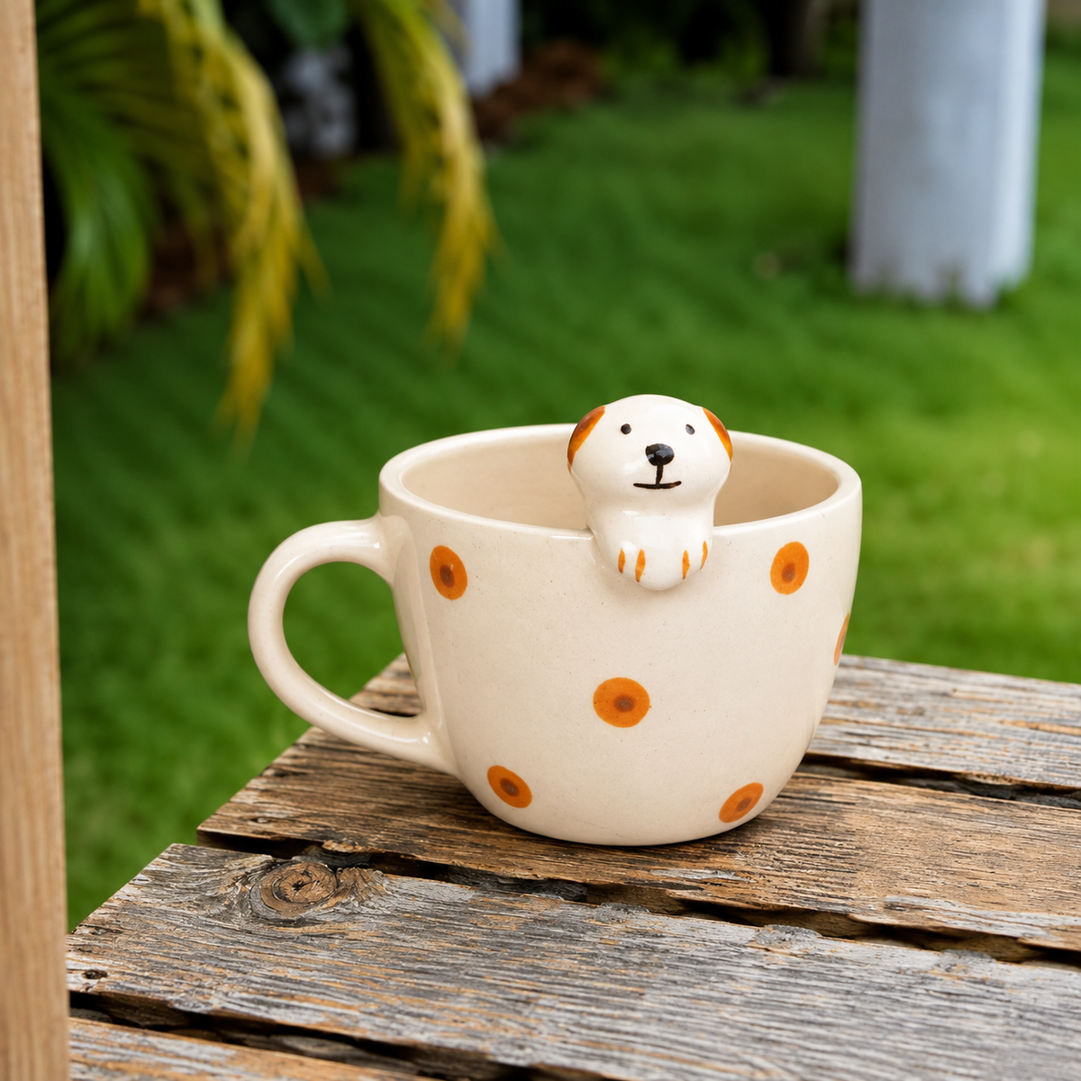 Cute Puppy Ceramic Mug with Orange Polka Dots – Adorable Animal Coffee Cup for Tea & Beverages