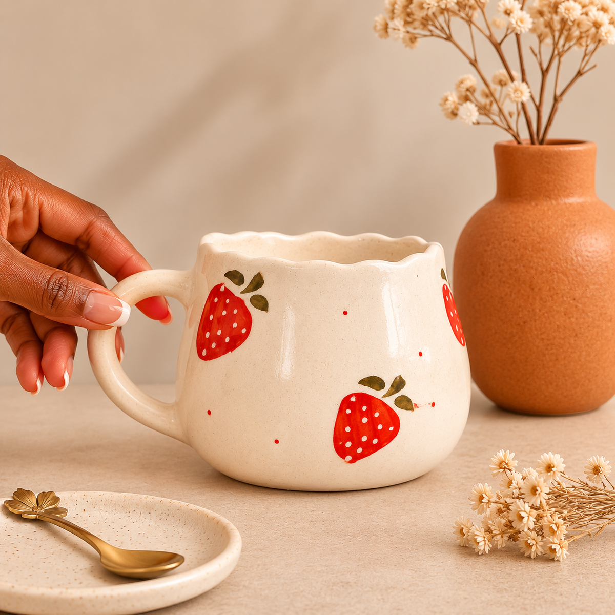 White Ceramic Strawberry Mug – Cute Fruit Print Coffee & Tea Cup