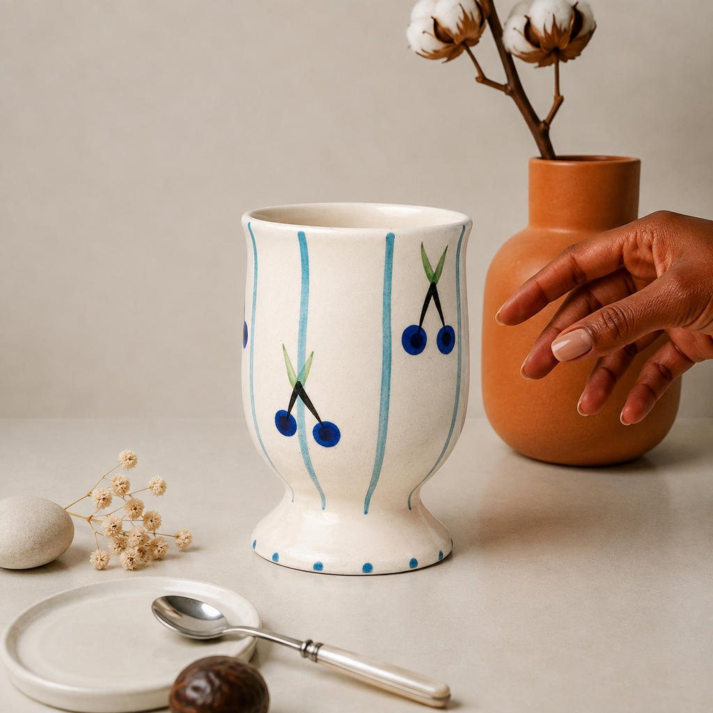 Ceramic Drinking Cup with Blue Cherry & Stripe Design