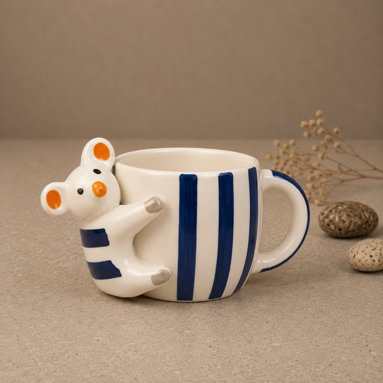 Coffee Mug with 3D Bear Design & Blue Stripe Pattern, Adorable Animal Tea Cup