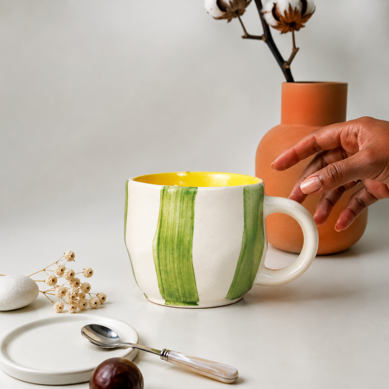Hand-Painted Green Striped Ceramic Mug | Artistic Coffee & Tea Cup with Yellow Interior