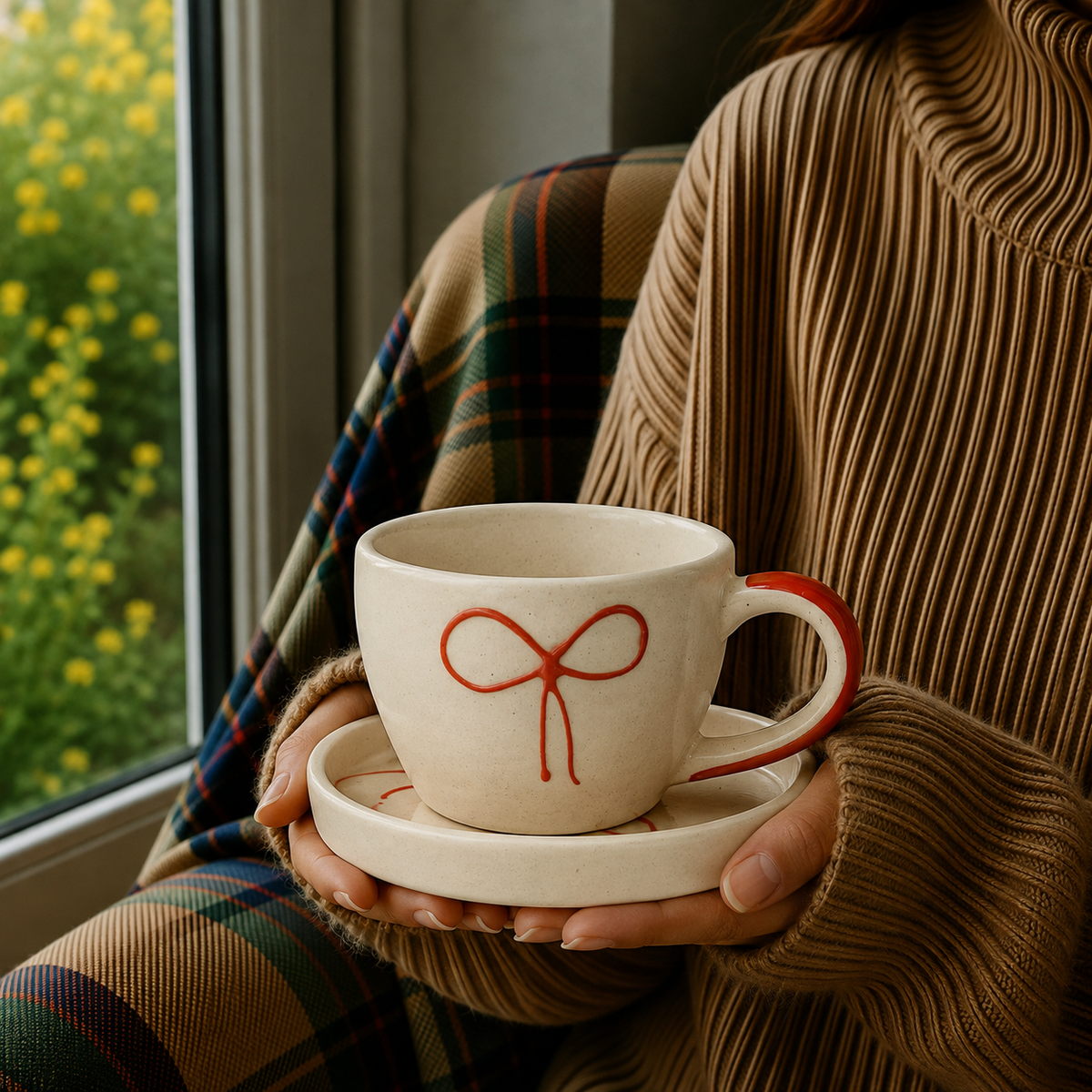 Cream Ceramic Cup & Saucer with Red Bow Design – Cute Aesthetic Tea & Coffee Mug Set