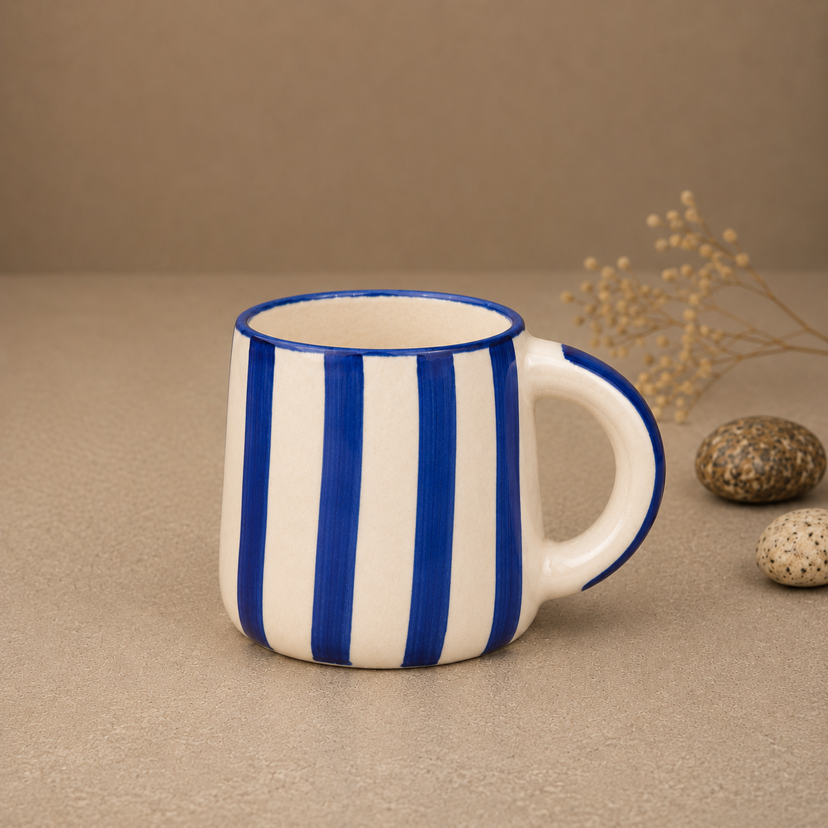 Blue & White Striped Ceramic Mug – Hand-Painted Style Coffee Cup for Tea, Coffee & Home