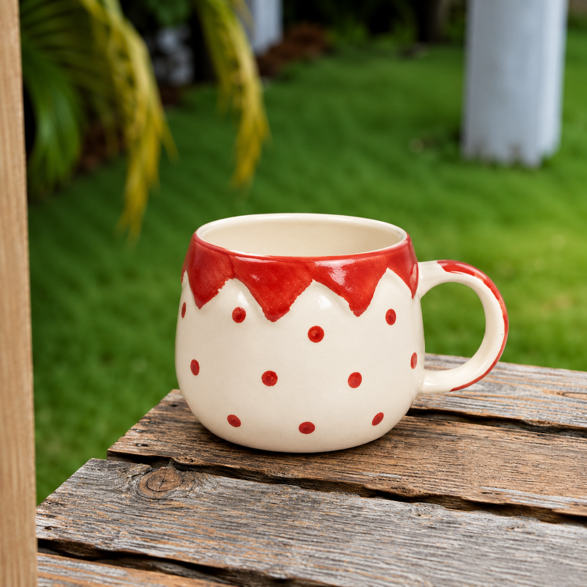 White & Red Ceramic Mug with Polka Dot & Drip Design – Cute Aesthetic Coffee Cup for Tea & Coffee