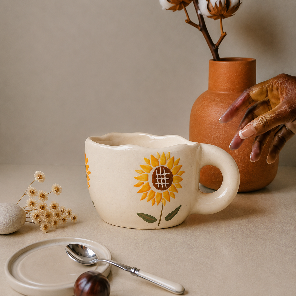 White Ceramic Sunflower Mug – Cute Aesthetic Coffee Cup with Hand-Painted Floral Design