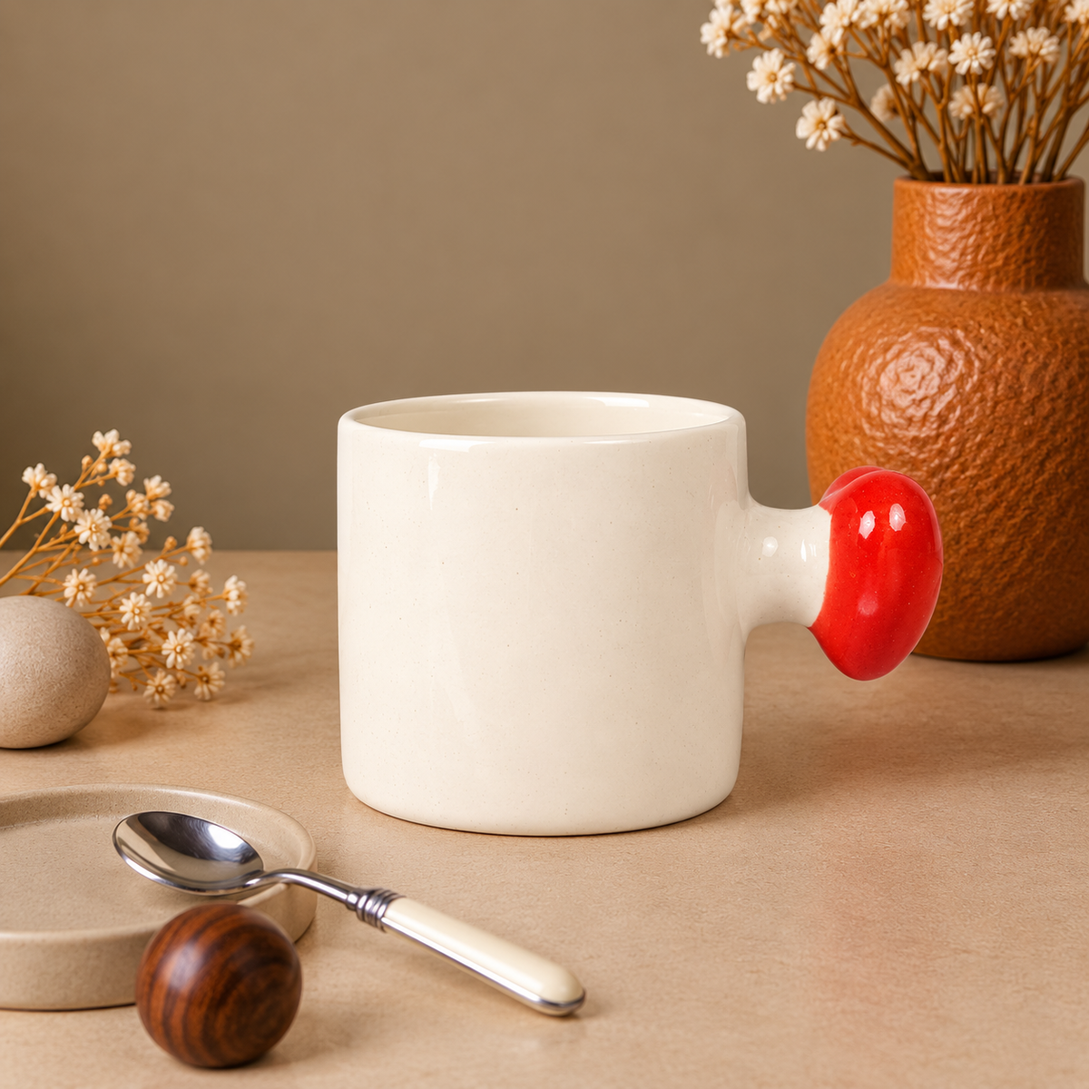 White Ceramic Mug with Red Heart Handle – Minimalist Cute Coffee & Tea Cup