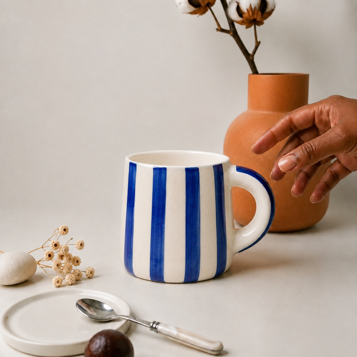 Blue & White Striped Ceramic Mug – Hand-Painted Style Coffee Cup for Tea, Coffee & Home