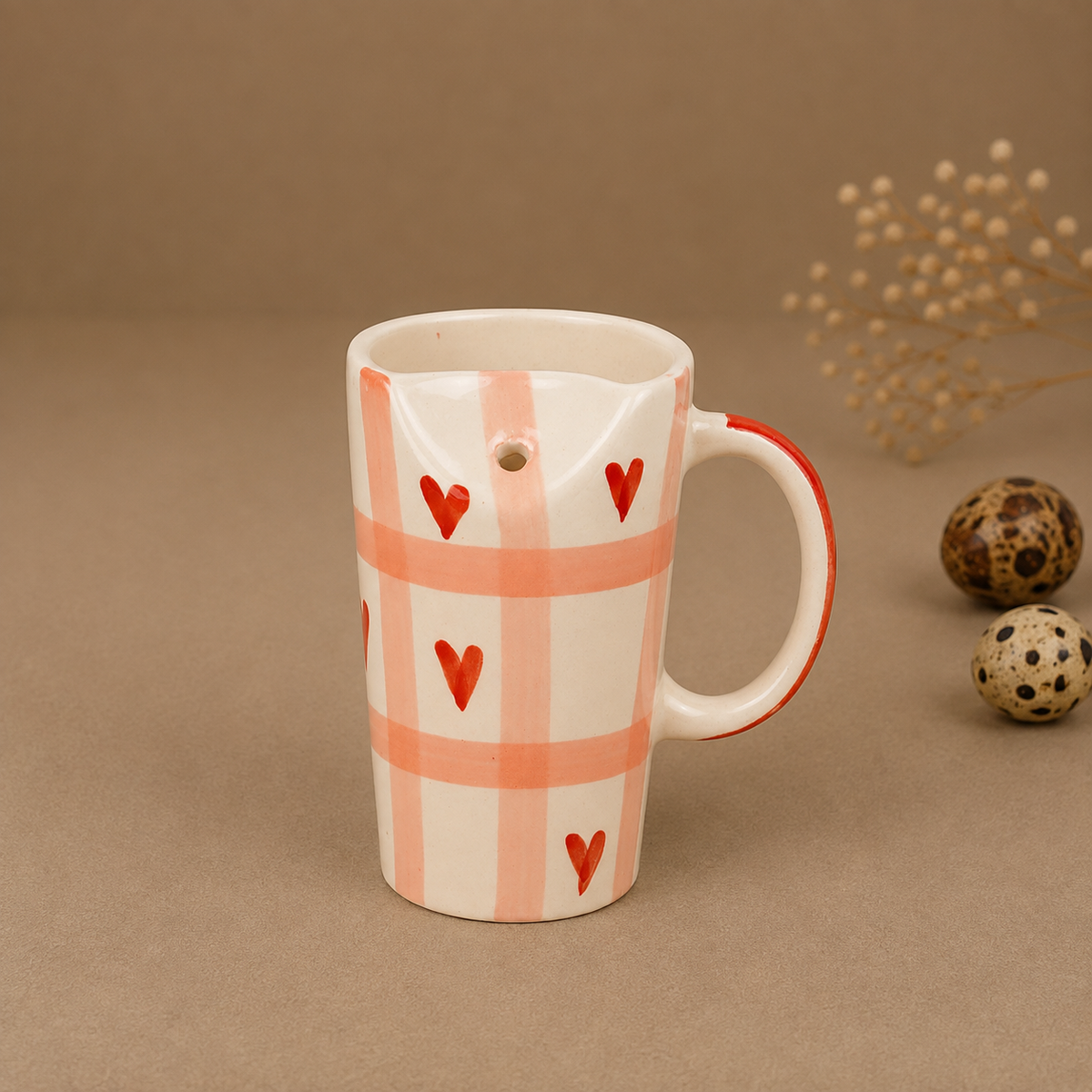 Peach & White Ceramic Mug with Heart Design – Cute Aesthetic Coffee Cup for Tea & Coffee