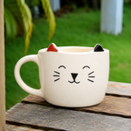 Cat Ceramic Coffee Mug with Cat Face & Ear Design, Adorable White Tea Cup