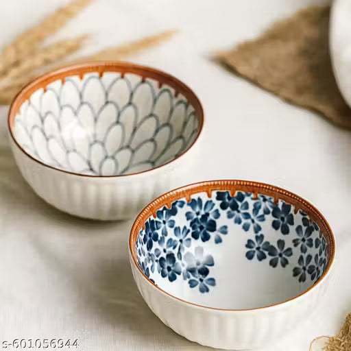 Blue & White Ceramic Bowl Set of Floral Pattern Serving & Snack Bowls