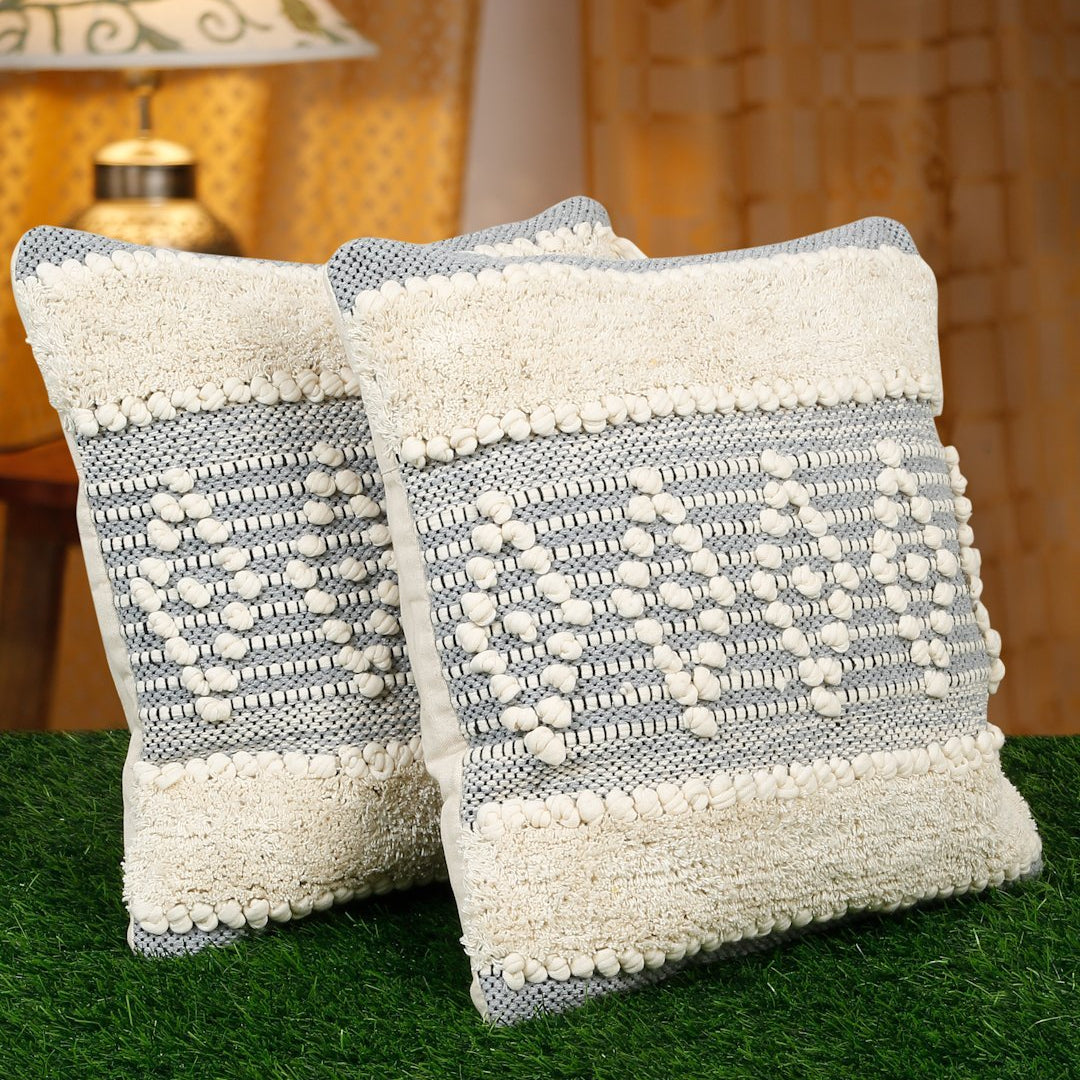 Grey & Cream Boho Textured Cushion Cover Set – Tufted Decorative Throw Pillows Cover Set for Sofa, Living Room & Bedroom (Pack of 2)